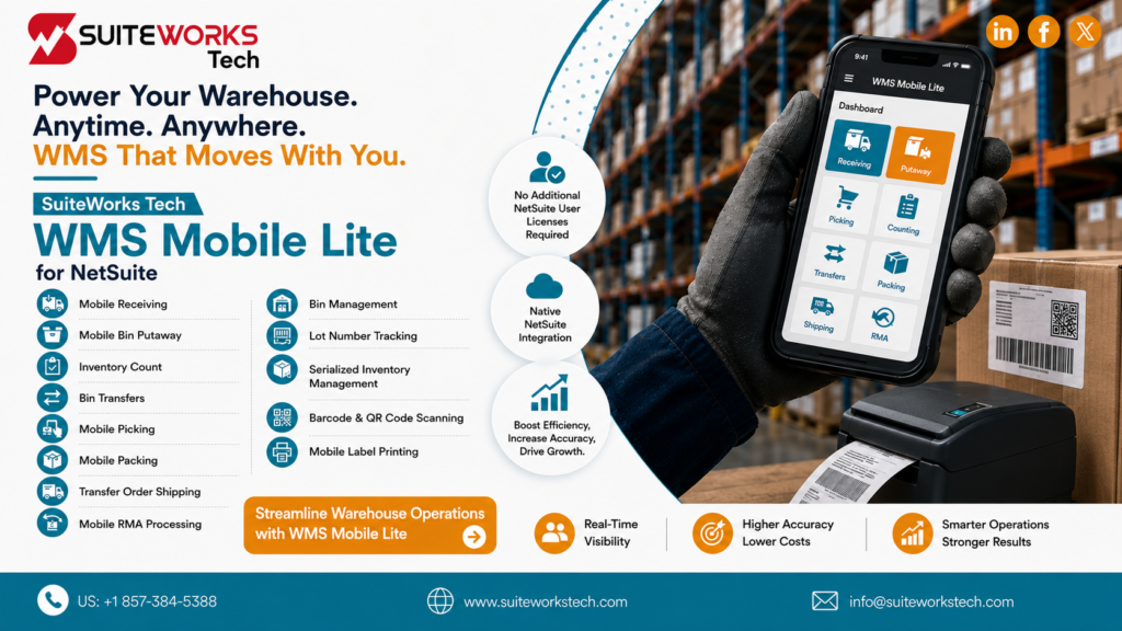 NetSuite WMS SuiteApp with mobile warehouse management, barcode scanning, and real-time inventory updates