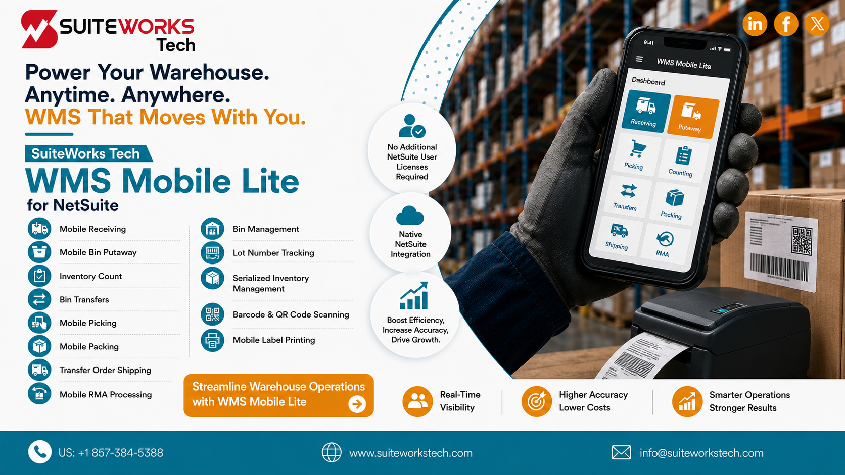 NetSuite WMS SuiteApp with mobile warehouse management, barcode scanning, and real-time inventory updates