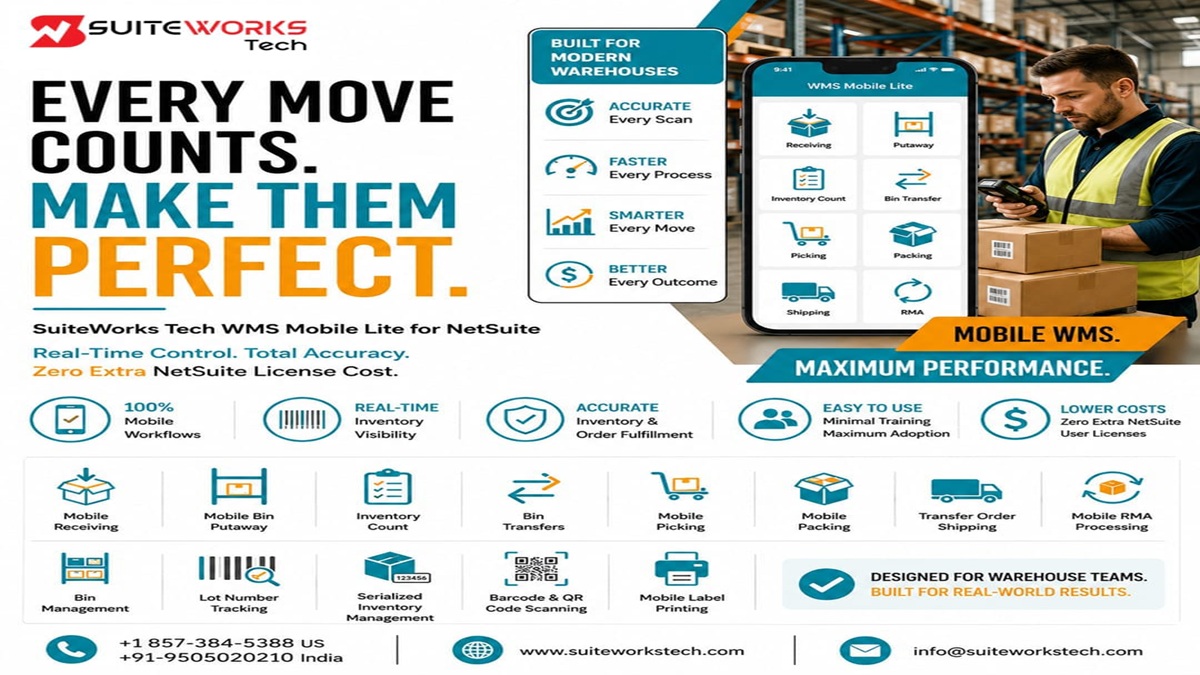 NetSuite iOS App by SuiteWorks Tech providing real-time warehouse inventory visibility with barcode scanning