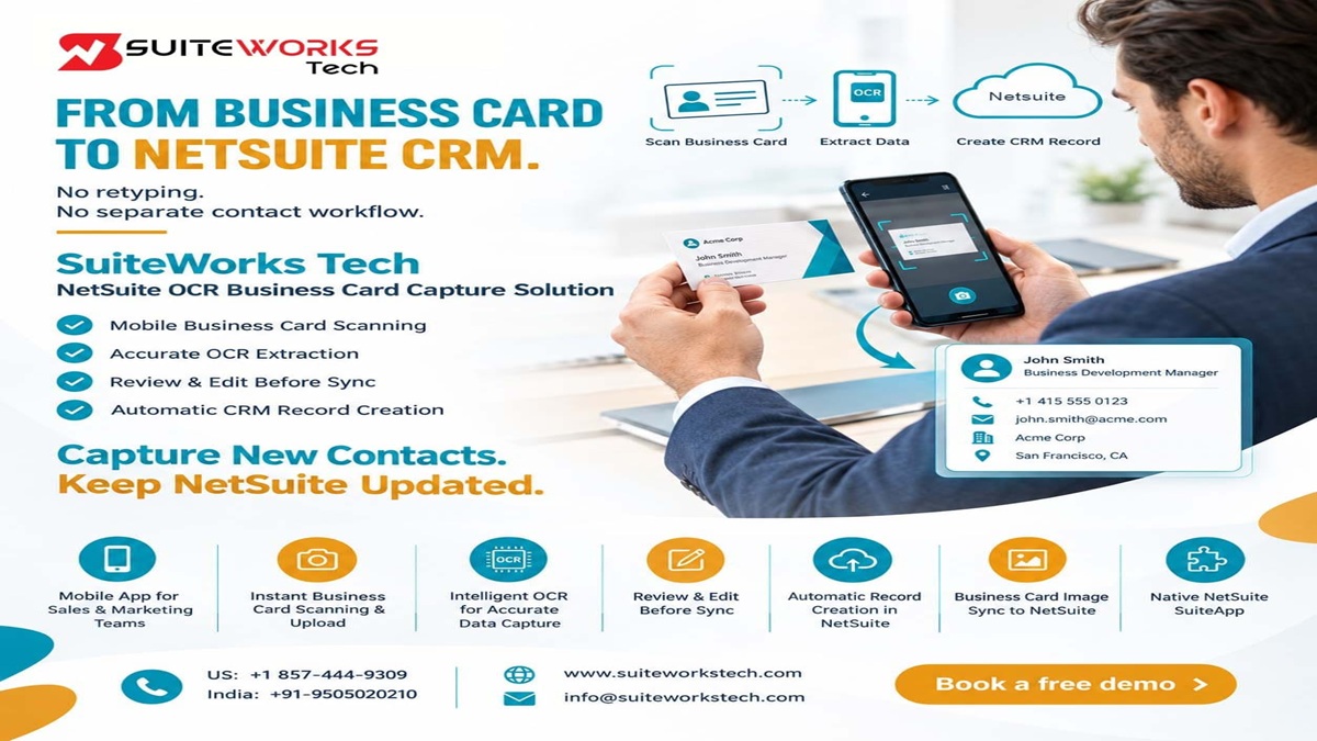 NetSuite OCR Card Scanner by SuiteWorks Tech extracting business card details into NetSuite CRM