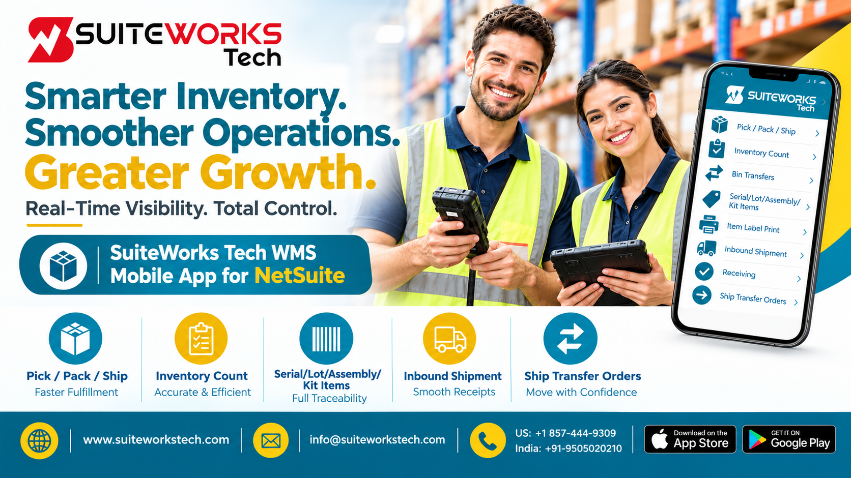 NetSuite Warehouse Management mobile app extending ERP warehouse tasks to operators using barcode scanning on an Android or iPhone device